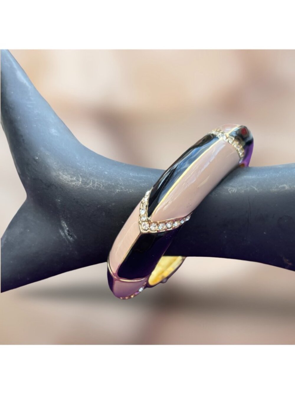 Talbots Black Pink Enamel Gold Tone Hinged Bangle Bracelet Rhinestone Accents